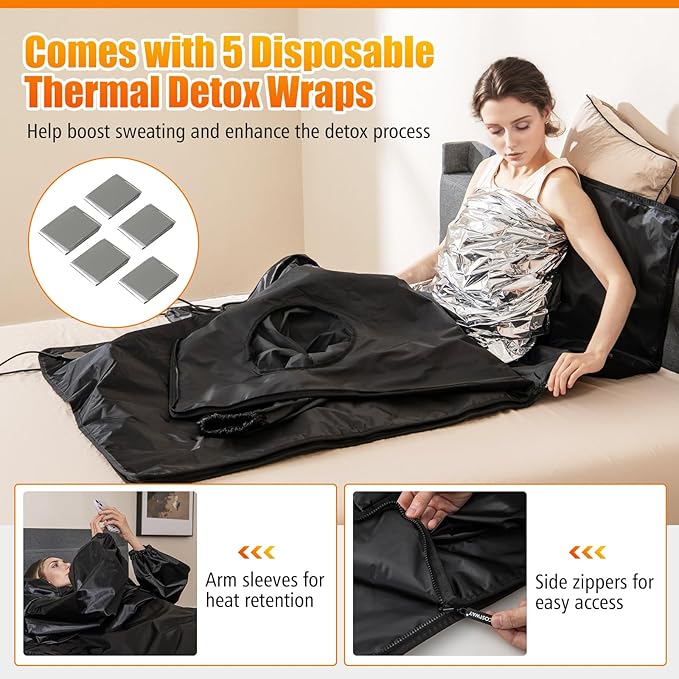 COSTWAY Infrared Sauna Blanket with Sleeves, Portable Full-Body Sauna Bed with Carry Bag, 30-90Min Timer, 90-180°F Temp Range for Relaxation & Detoxification, Muscle Tension Relief