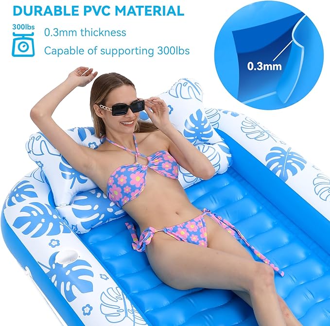 Inflatable Tanning Pool Lounger Float with Cervical Pillow - Pool Floats Adult for Sunbathing, Backyard, Pool Party - Inflate Ball Pit for Babies - Kids Swimming Pool Bed