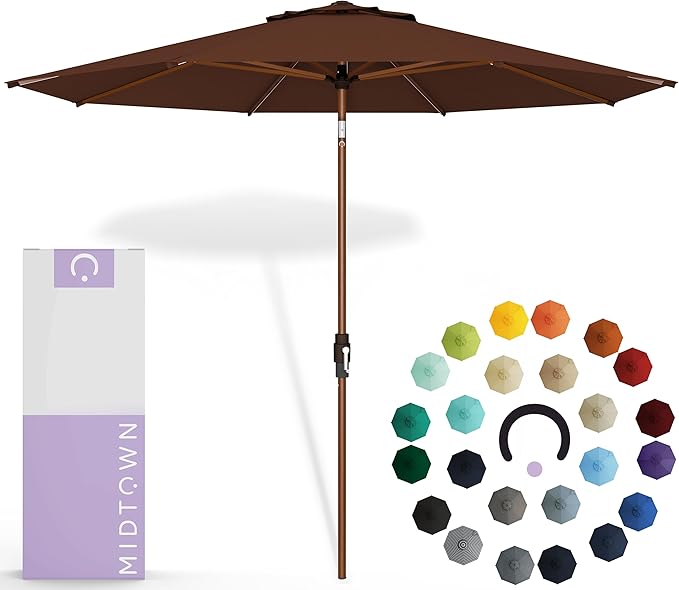 Midtown Umbrellas Sunbrella Umbrella Outdoor Patio Umbrella 2-9 Feet in Bay Brown Acrylic Fabric, Auto-Tilt Aluminum Frame For Backyard Umbrella, Deck Umbrella & Porch Umbrella - Wooden Pole