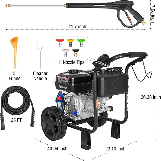 BILT HARD 3500 PSI 2.5 GPM Gas Power Pressure Washer, 224cc 4-Cycle Engine, Heavy Duty Gas Pressure Washer with Spray Gun and Wand, 5 Quick Connect Nozzle Tips, 3/5"×25' Hose, 49-State