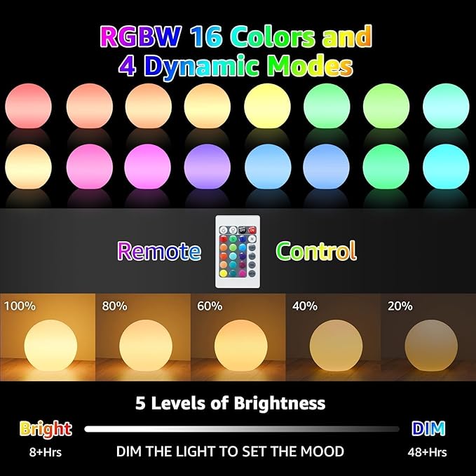FUYO LED Ball Light, 16-inch Solar Light Up Pool Balls, Rechargeable & Remote Control Globe Lights 16 RGB Colors Mood Night Light, IP66 Water-Resistant Floating Light for Pool, Party, Pond - 1pcs