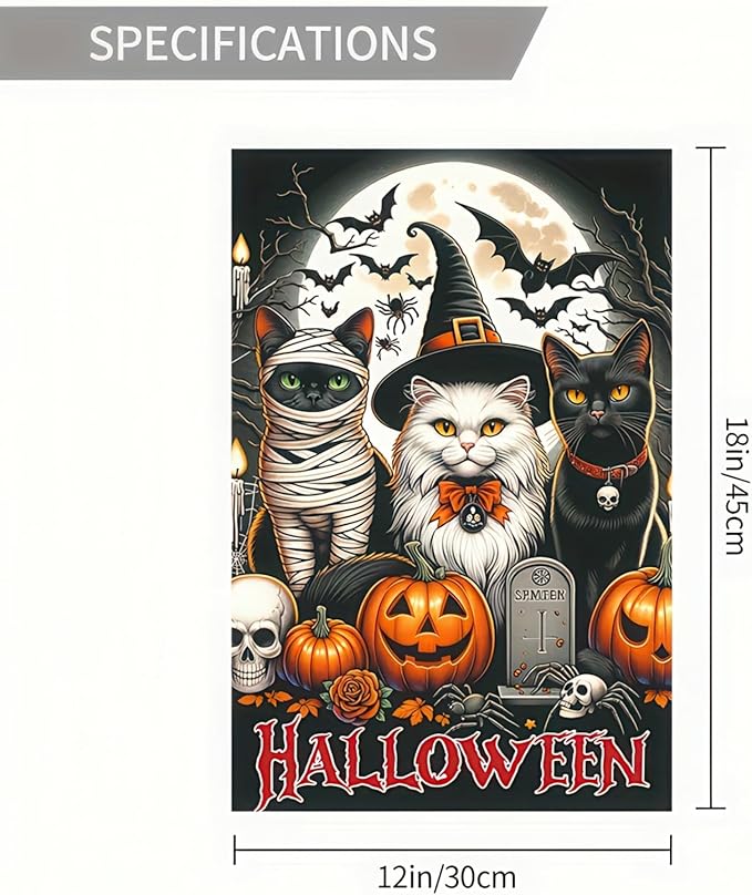 Halloween Garden Flag Double Sided 12x18 - Black Cat Spooky Themed Wall Art With Witch, Mummy, and Cats - Halloween Party Home Decoration and Seasonal Gifts - Lawn Yard Outdoor