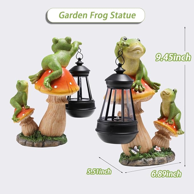 Garden Frogs Statue, Large Funny Frogs Figurine Climbing on Mushroom and Holding a Solar LED Lantern Resin Ornament for Patio Yard Lawn Porch Outdoor Decor, Women/Gardening Decoration Gifts