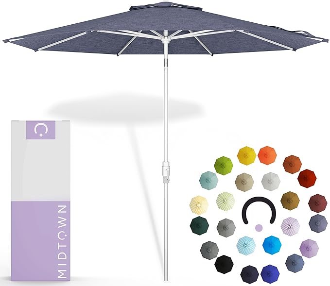 Midtown Umbrellas The Swilt 9 Feet Patio Umbrella in Terylast Purple Texture Polyester Fabric - Fiberglass Ribs, Auto-Tilt Aluminum Frame For Backyard, Deck, Garden, Pool - White Pole