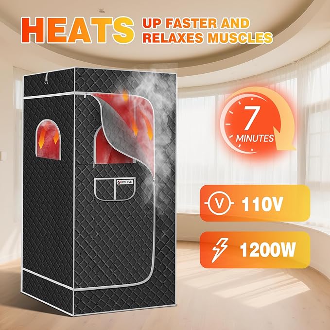 Portable Sauna for Home, Large 3L Steamer Max 140℉ Full Body Steam Sauna Tent with Remote Control, 9 Levels 7-Min Quick Heat Folding Chair Waterproof Mat, 5.9 * 2.92 * 2.95 ft (Black)