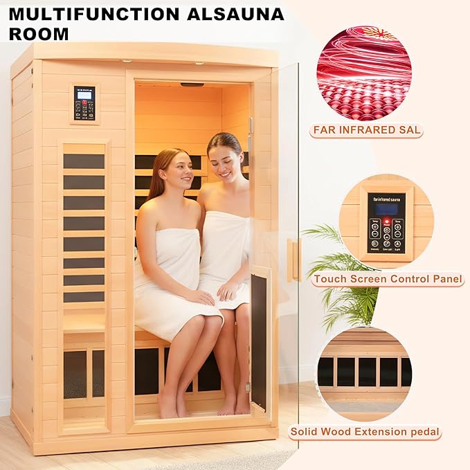 Ceramic Infrared Sauna, 2 Person Infrared Saunas for Home, Hemlock Wood Sauna Room, 2 in 1 Indoor Sauna with Low EMF Heaters 1750W/120V + Ceramic Heating Cubes-Chromotherapy-Bluetooth Speaker