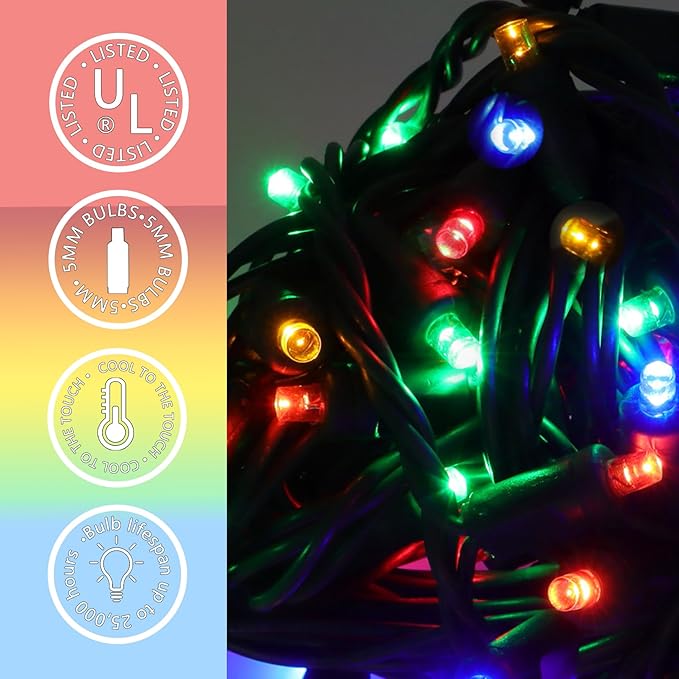 100 LED 5MM Multicolor Christmas Lights, 33FT Indoor/Outdoor String Light, Mini Lights for Garden, Patio, Christmas Trees - Green Wire, Commercial Grade, UL Listed