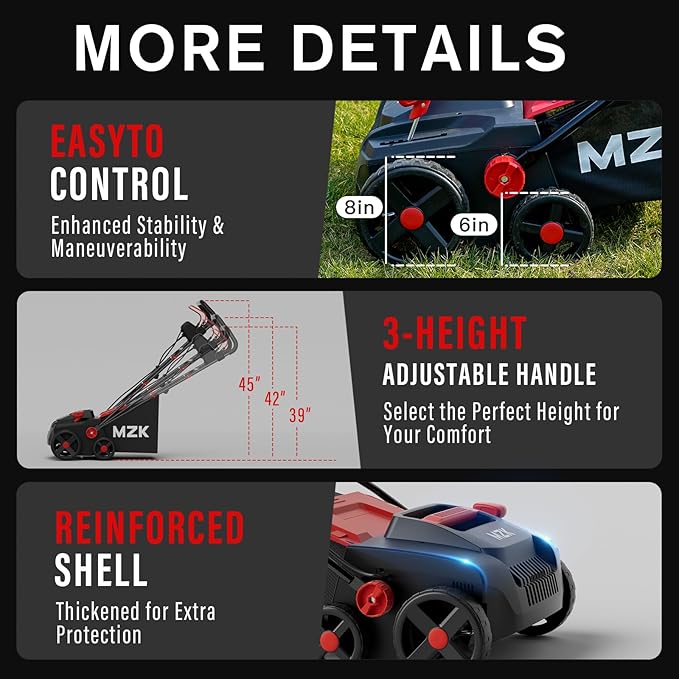 MZK 15-inch 2-in-1 Electric Dethatcher and Scarifier w/Removeable 5-Position Height Adjustment,Lawn dethatcher w/12-Gallon Thatch Collection Bag,Keep Lawn Health,(DS15A06)