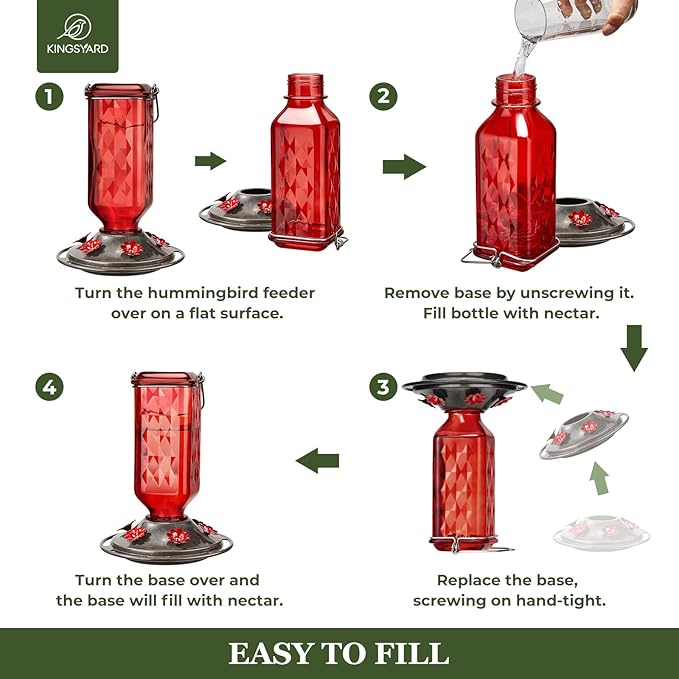 Kingsyard 2 Pack Glass Hummingbird Feeder for Outdoor Hanging, 24 Ounces, 6 Feeding Ports, Bird Nectar Feeder for Garden Décor, Ant Moat Included, Red
