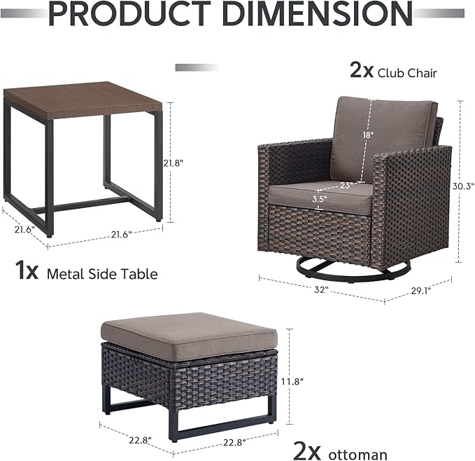 Outdoor Swivel Rocker Chairs - 5 Piece Patio Bistro Set Wicker Patio Rocking Chairs Set with Side Table and Ottomans, 360° Swivel Glider Proch Furniture for Balcony Deck - Brown/Grey