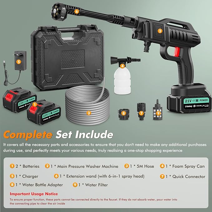 Cordless Pressure Washer Gun, 1160PSI Portable Pressure Washer Cordless, Portable Car Washer with 2 Battery&6-in-1 Nozzle&5m Hose Cordless Jet Washers Handheld Power Washer for Home/Yard/Fence/Garden