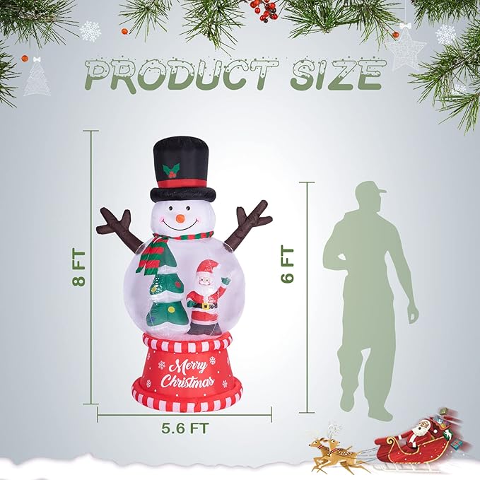 8 FT Height Christmas Inflatables Snowman Globe with Christmas Tree and Santa Claus Outdoor Decorations, Inflatables Snowman Globe Blow up with Built-in LED Lights for Party Lawn Outdoor Yard