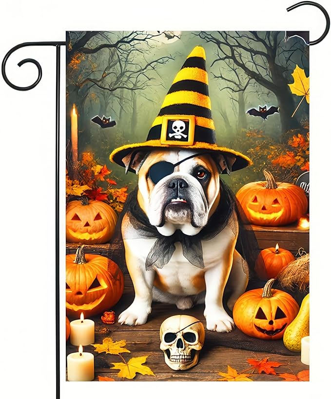 Happy Halloween Garden Flag 12x18 Double Sided Bulldog Dog Pumpkin Garden Flag Skull Bats Bulldog with Fall Autumn Witch Hat Decorative Banner Outdoor Flag Décor