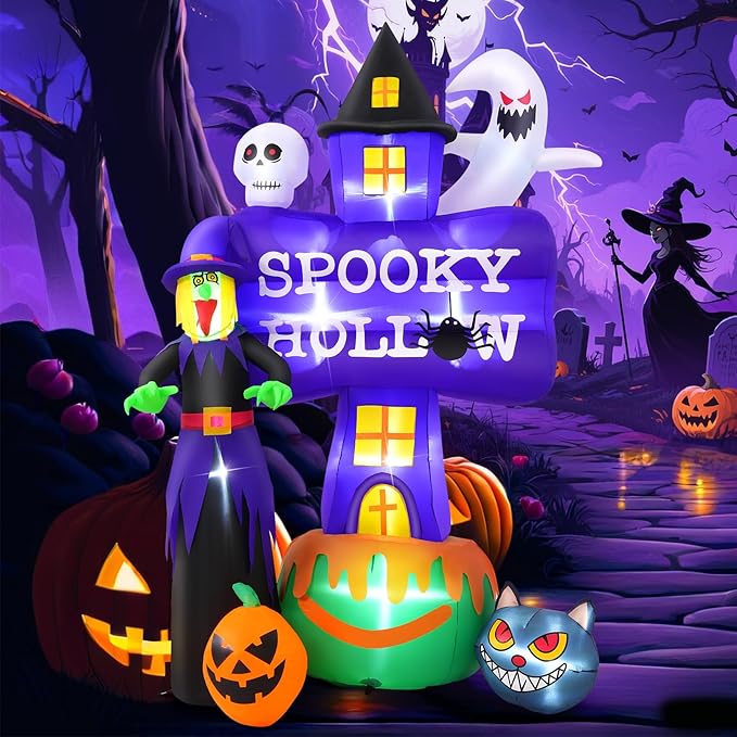 Whubefy 8FT Halloween Inflatable Outdoor Decoration Witch Ghost Tombstones Combo, Skull Cat Halloween Decor with LEDs, Blow Up Halloween Decorations Outdoor Inflatable Pumpkin for Yard Garden Indoor