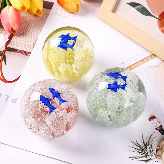 Decorative Crystal Ball Figurines Coral Fish Paperweight Blown Glass Decor Sea Art Ocean Lovers Gift Green 3.15"