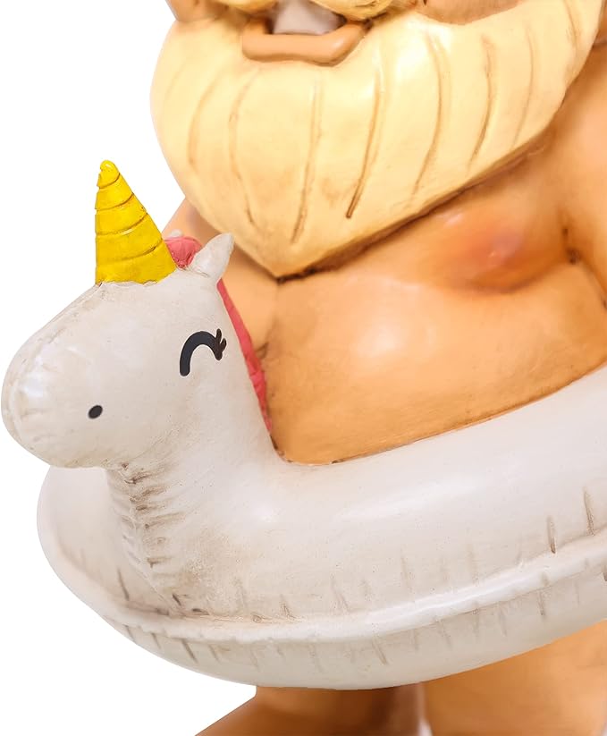 9” Funny Unicorn Pool Float Garden Gnome – Hilarious Lawn Statue for Outdoor Decor – All-Weather Resin Yard Ornament – Unique Housewarming & Gag Gift