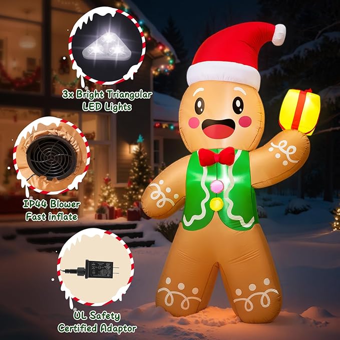 Christmas Inflatable Outdoor Decorations, 8.5 FT Gingerbread Large Blow Up Yard Decor with 3 LED Lights, Christmas Party Outdoor, Yard, Garden, Lawn Winter Decorations Ornaments