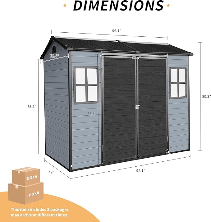 LANTRO JS 8x4FT Plastic Storage Shed with Floor, Storage Shed with Floor Included, 2 Windows and Lockable Door Sheds for Garden Tools, Bike