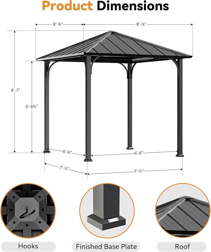 Modern Shade 8'x8' Hardtop Gazebo with Galvanized Steel Roof & Detachable Curtains, Permanent Metal Gazebo Outdoor Pavilion for Backyard, Deck, Garden - All-Weather Patio Cover