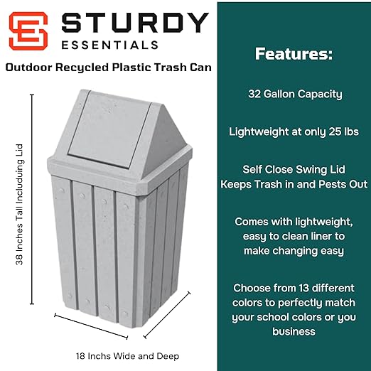 32 Gallon Square Slatted 100% Recycled Plastic Indoor or Outdoor Commercial Trash Can with Easy Access Swing Top Lid | Great for Schools and Businesses - Light Granite