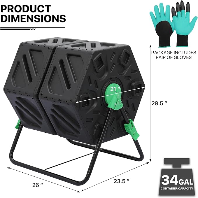 MoNiBloom 34 Gallon Compost Bins Outdoor Dual Chamber Composter Tumbler, All-Season Fast Working Tumbling Composter, High Volume Composter with 2 Sliding Doors