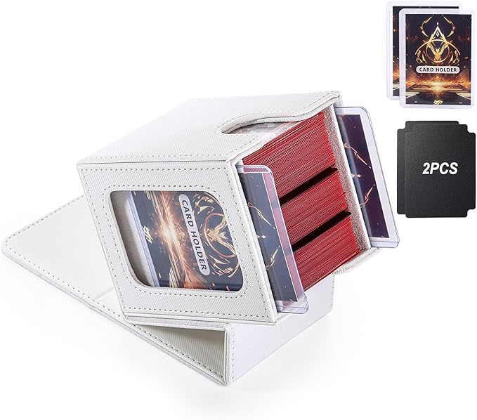 MTG Deck Box, Double Display Window MTG, Commander Deck Box Fits 120+ Single Sleeved Cards, PU Leather Magnetic Closure Card Box with 2 Dividers&2 Toploaders for TCG, CCG, White