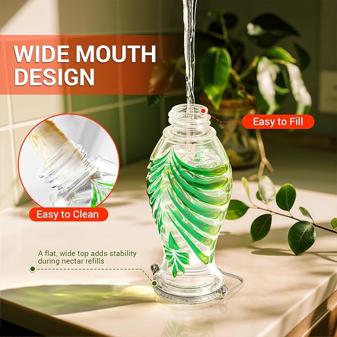 Hummingbird Feeder for Outdoors, 24oz Glass Nectar Feeder with Perch & 5 Flower Feeding Ports, Leakproof Hanging Bird Feeder for Garden Yard Decor, Outside Gifts for Women & Mom, Spring Green