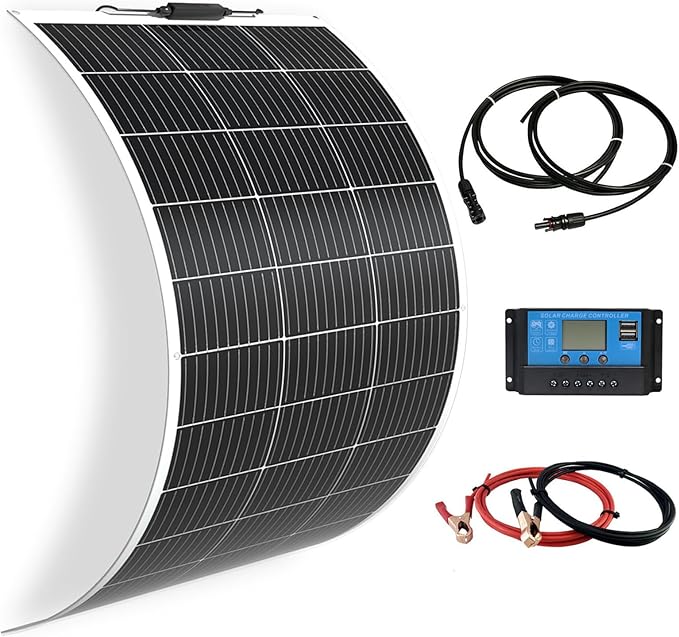 Flexible Solar Panel kit 100W 12V, monocrystalline Solar Panel10A Charge Controller,Extension Cable,Y-Type Connector for Off Grid RV, Boat,Cabin,Home Uneven Surfaces (100W Solar KIT White)