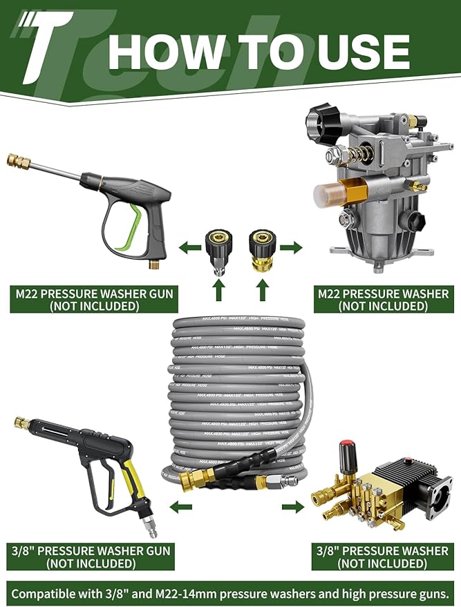 3/8" 4800PSI Pressure Washer Hose 150FT with Swivel Quick Connect for Cold/Hot Water Max 248°F, Kink Resistant Steel Wire Braided, Wear Resistant Power Washer Hose with M22 14mm Adapter