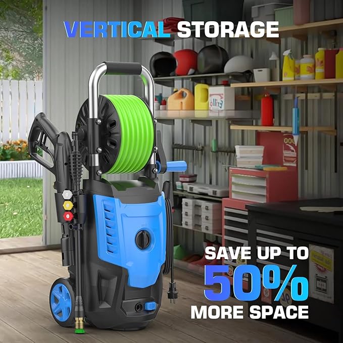 4800 PSI Pressure Cleaner- 4.0 GPM High Power Cleaner with 33FT Hose Reel, 4 Spray Tips and Soap Bottle for Car Washing, Fence Cleaning, Patio Maintenance（Upgraded）(Light Blue)