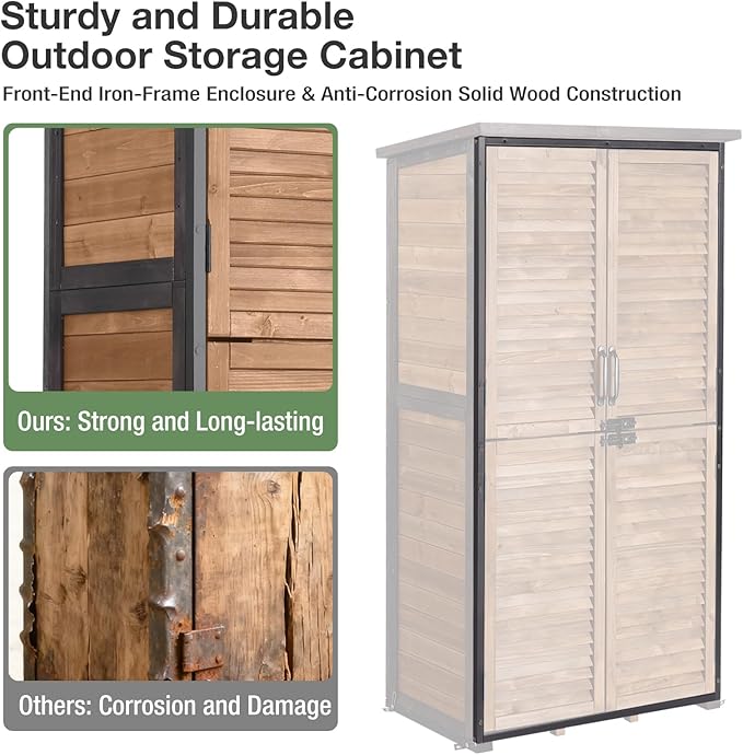 Outdoor Storage Shed, Outdoor Storage Cabinet with Sturdy Iron-Frame & Anti-Corrosion Wood, Adjustable Shelves, Weather-Resistant Louvered Door for Garden Tools, Patio Utility Tool Storage
