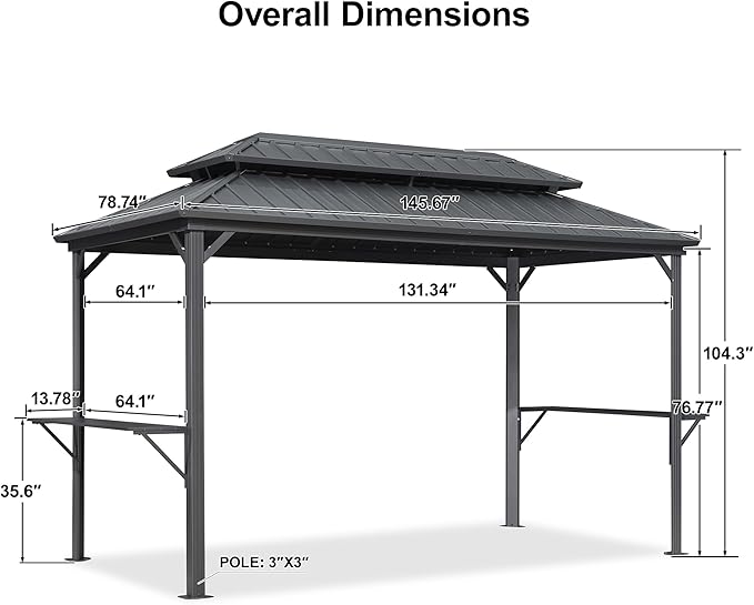 PURPLE LEAF 6.5' X 12' Hardtop Grill Gazebo for Patio Permanent Aluminum Barbeque Shelter with Ceiling Hook and Shelves Double Tiered Grey Outdoor BBQ Gazebo