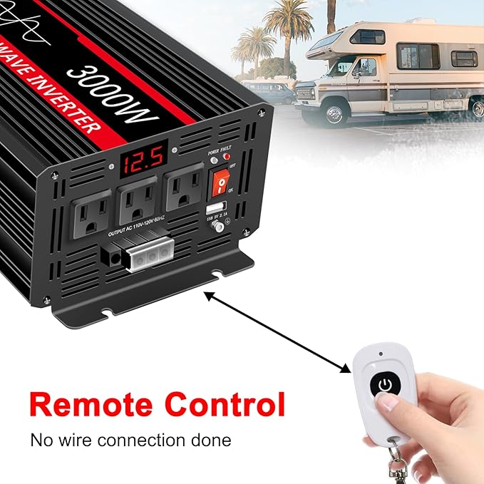 JIGUUN Pure sine Wave Inverter 3000W, 12V to 110V Power Inverter Converter with 4 AC sockets, USB Output and LED Display for RV Camping Emergency Household appliances (3000WPRO)