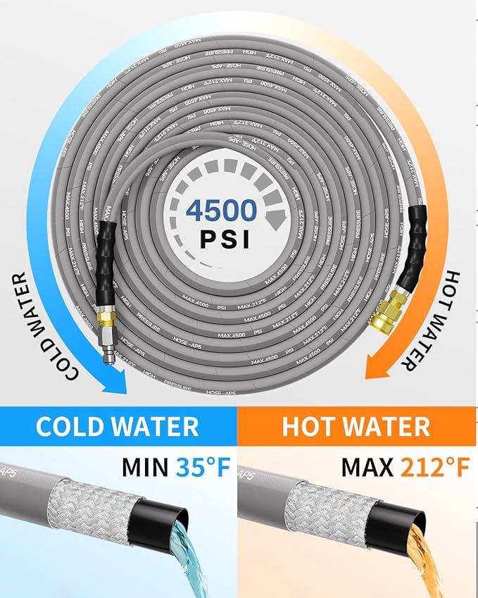 Pressure Washer Hose 75FT 3/8" for Cold and Hot Water 212°F, with Swivel Quick Connect, 4500PSI Kink Resistant Grade Steel Wire Braided, Power Washer Hose With 2pcs M22-14mm Adapter