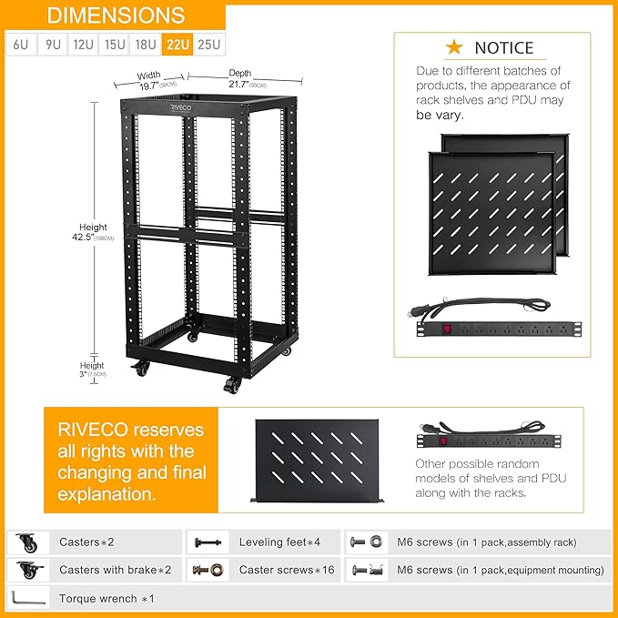 RIVECO 22U Open Frame Server Rack with Brake Casters +19" Rail Mounting PDU (8 Outlets) Power Strip with Surge Protector + 2PCS Rack Shelves Cantilever Tray Set Black