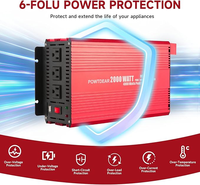 Pure Sine Vane Power Inverter 2000 Watt, DC 12V to 110V AC Converter with 3 Charger Outlets and with 2 Built-in 5V/2.1A USB Port Red