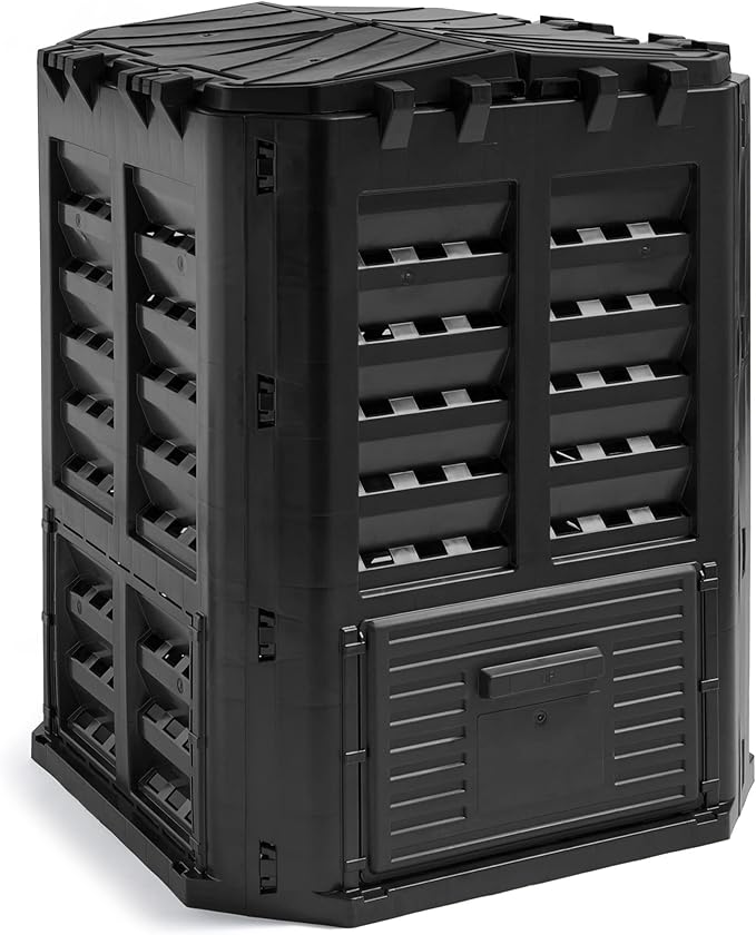 VonHaus Compost Bin for Garden 360L – Composter with Slatted Design for Aeration, Rainwater Collection, Side Flap & Lid – Outdoor Compost Converter – Frost & UV Resistant - Black