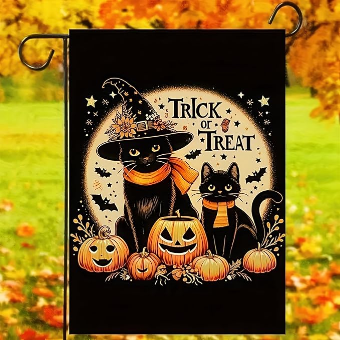 Halloween Ghost Black Cat Garden Flag 12 x 18 Inch Double Sided Spooky Pumpkin Welcome Yard Flag Holiday Seasonal Outdoor Outside Decoration Halloween Cat Garden Flag