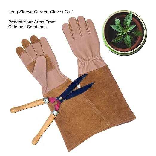 HLDD HANDLANDY Long Sleeve Leather Gardening Gloves,Puncture resistant,Breathable Pigskin Leather Gauntlet,Rose Pruning Floral Gauntlet Garden Gloves For Women and Men (Medium, Brown)
