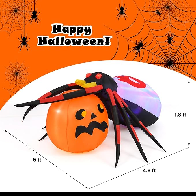 Goplus 5 Ft Length Halloween Inflatables, Spider Outdoor Decoration with Pumpkin, Magic Disco Light, Shimmering Red Eyes, Built-in LED Lights, Blow up Yard Decoration for Party, Yard, Lawn, Patio