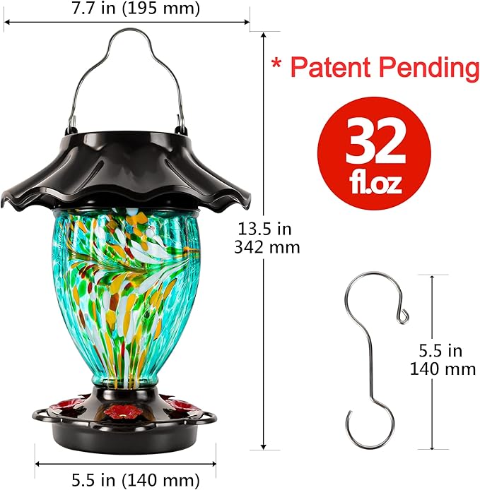 LUJII Solar Powered Color Changing Hummingbird Feeder for Outdoors Hanging, Hand Blown Glass Reservoir, 32 fl.oz, Never Leak, Illuminated Lantern for Garden Decor, for Bird Lover (Teal)