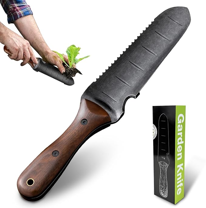 Gracfulcub Hori Hori Garden Knife with Sheath – 7" Full-Tang Stainless Steel Blade, Walnut Wood Handle, Dual Edge Weeding & Digging Tool for Gardening, Transplanting & Camping