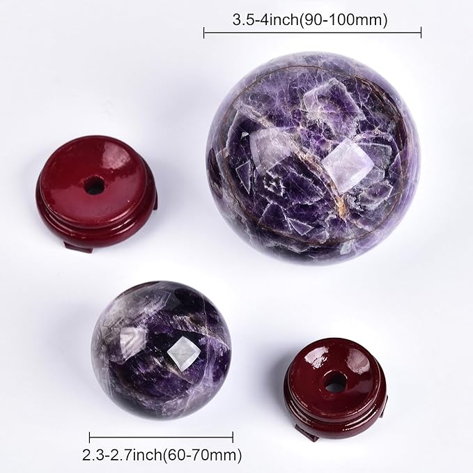 JIC Gem Large Crystal Ball Chevron Amethyst Healing Crystals Sphere with Wooden Stand Meditation Home Decor 3.5-4 inch (90-100mm)
