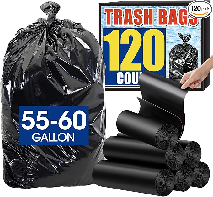 120 Count 55-60 Gallon Trash Bags, Tear-Free Large Black Garbage Bags for Kitchen, Office, Outdoor, Commercial Use, Lawn and Leaf Bags, Lightweight 17 Micron Design for Daily Dry Waste