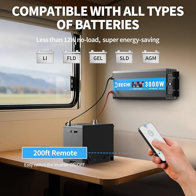 3000 Watt Power Inverter Car/Home 12V DC to 110V/120V AC Converter with 2 AC Outlets, USB & Type-C Port Car Inverter Peak Power 6000W for RV,Truck,Off-Grid Solar System with Remote Controller-Blue