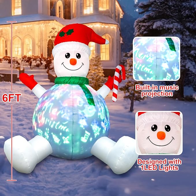 HFO 6ft Tall Christmas Inflatable Outdoor Decorations, Blow up Yard Decor with Christmas Snowman Sang Along with The Music Projection, Bright LED Lights Holiday Outdoor Decorations
