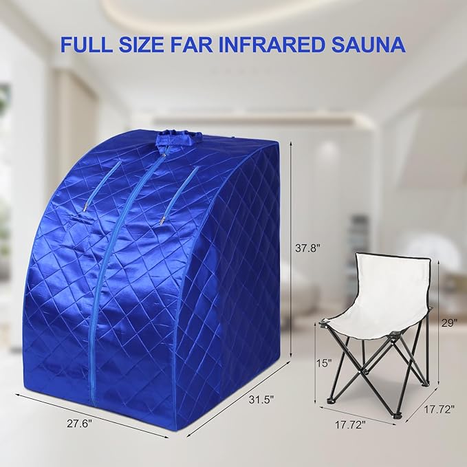 Smartmak Portable Infrared Sauna, Full Size1 Person Far Infrared Sauna Tent, with Heating Foot Pad, Upgrade Chair (L 27.6’’ x W 31.5’’ x H 37.8’’, Blue)