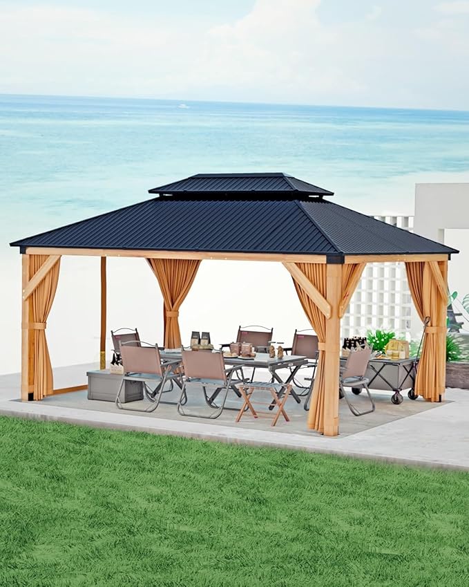GAOMON Hardtop Spruce Wood Gazebo 12'x16', with Double Roof of Metal Sheets, 4.7'' Heavy Duty Poles, Net, and Curtain, Permanent Building for Patio, Deck, Backyard, Lawn, and Garden, Khaki