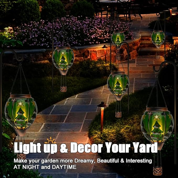 Solar Powered Hot Air Balloon Lantern - Christmas Tree Glass Lantern, Simulated Flickering & Dancing Flame, Outdoor Hanging Yard Light Waterproof IP65 for Patio Lawn Porch New Year Decor Gift