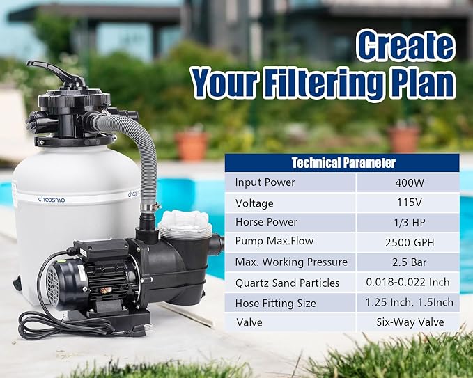 13" Sand Filter System with 6-Way Valve Pool Pump 2500GPH Easy to Use for Above Ground Pools